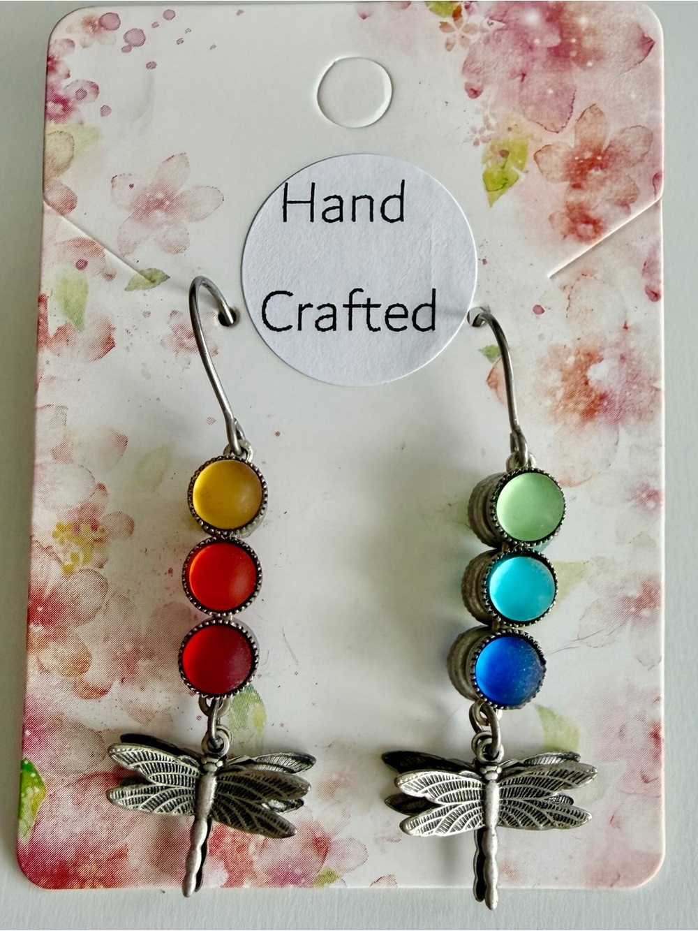 HAND CRAFTED Beach Glass Silver Dragonfly Dangle Drop Earrings